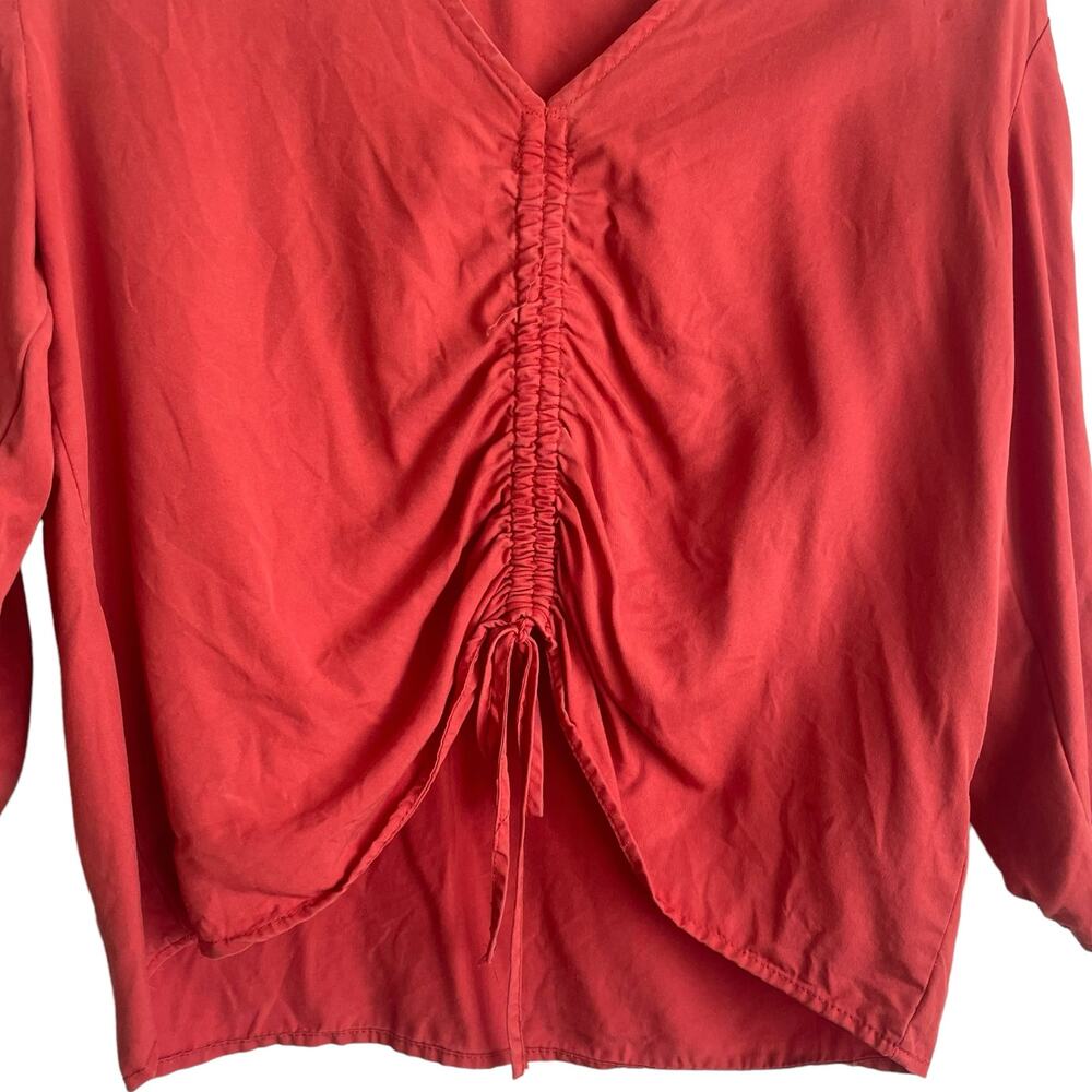 Blue Rain Women‎ Top L Orange Tencel 3/4 Ruched Tie Front and Sleeve Boho Indie - Picture 5 of 10
